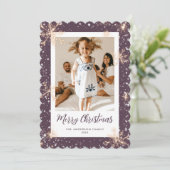 Paarse Sparkly Sneeuwvlokken Foto Vrolijk Kerstfee Feestdagenkaart (Staand voorkant)
