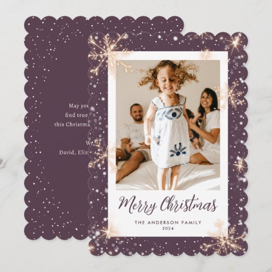 Paarse Sparkly Sneeuwvlokken Foto Vrolijk Kerstfee Feestdagenkaart (Voorkant / Achterkant)