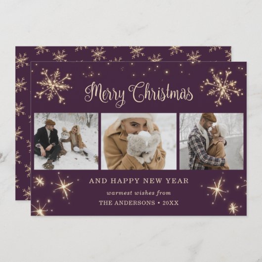 Paarse Sparkly Snowflake-fotokerstkaarten Feestdagenkaart (Voorkant / Achterkant)