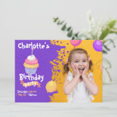 Paarse Spat Cupcake Ballonnen Verjaardagsuitnodigi Kaart (Staand voorkant)