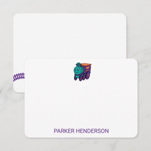 Paarse speelgoed trein spoor persoonlijke kinderbr bedankkaart (Voorkant / Achterkant)