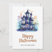 Paarse spookhuis spook pompoen Halloween Kaart (Voorkant)