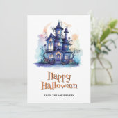 Paarse spookhuis spook pompoen Halloween Kaart (Staand voorkant)