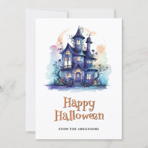 Paarse spookhuis spook pompoen Halloween Kaart