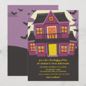 Paarse spookhuis verjaardagsfeestje uitnodiging (Voorkant / Achterkant)
