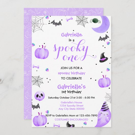 Paarse Spooky Een 1e Verjaardag Ghost Kaart (Voorkant / Achterkant)