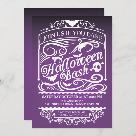 Paarse Spooky Gothic Halloween Uitnodiging (Voorkant / Achterkant)