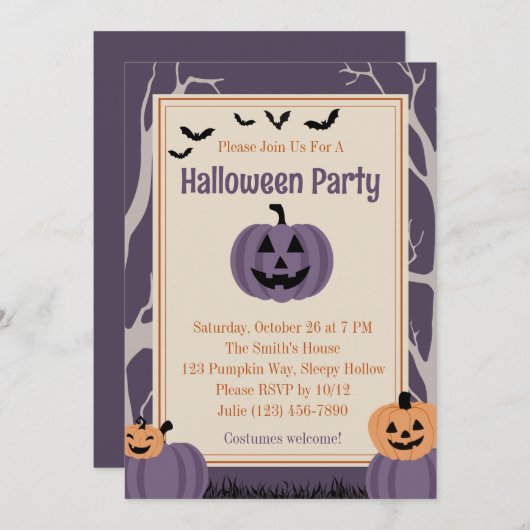 Paarse Spooky Pumpkin Halloween Party Kaart (Voorkant / Achterkant)