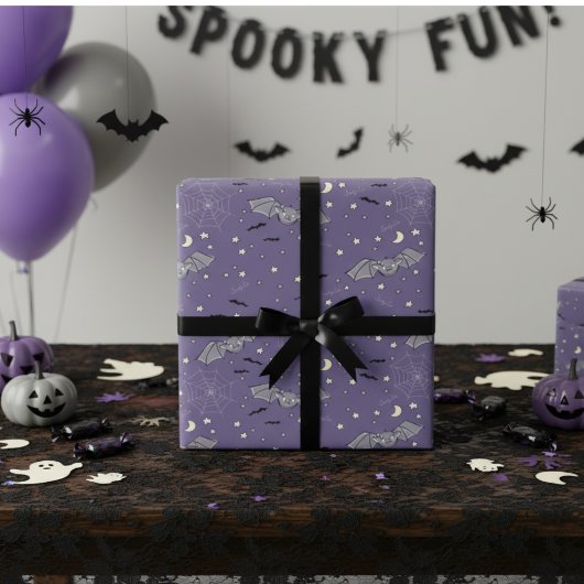 Paarse Spooky Schattige Bats Halloween Cadeaupapier