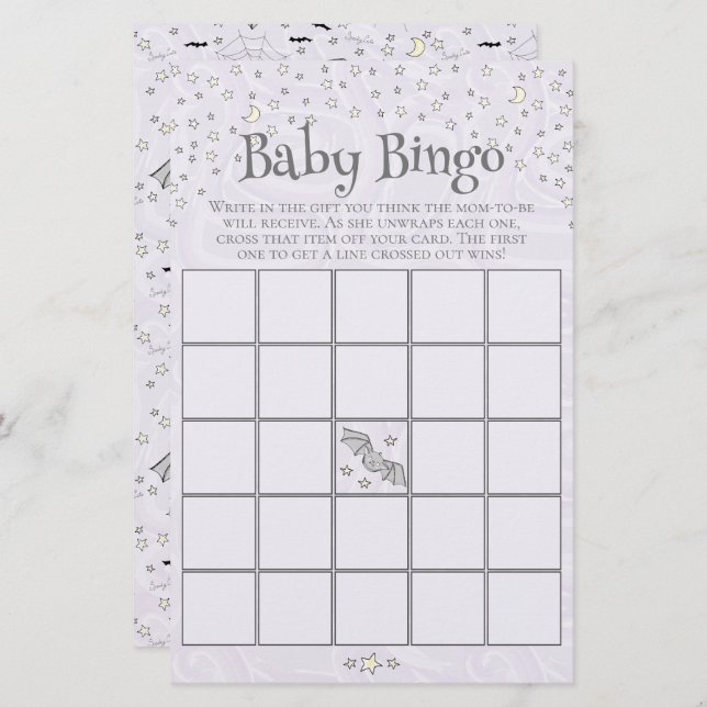 Paarse Spooky Schattigee Baby Bingo Baby shower Sp (Voorkant / Achterkant)