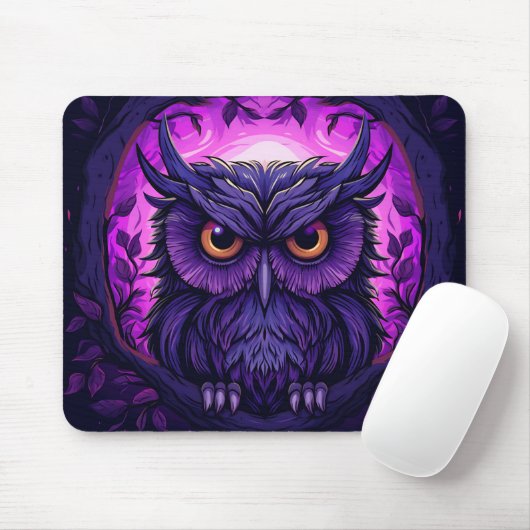 Paarse Spooky Uil op Halloween Night Graphic Muismat (Met muis)