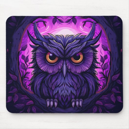 Paarse Spooky Uil op Halloween Night Graphic Muismat (Voorkant)