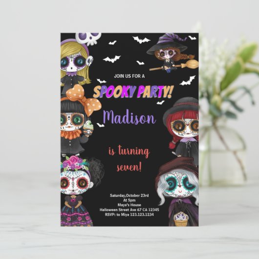 Paarse Spooky Zwart Halloween Verjaardagsuitnodigi Kaart (Staand voorkant)