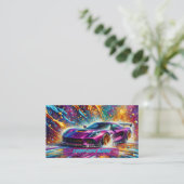Paarse Sportscar met Kleurrijke Splashes Visitekaartje (Staand voorkant)