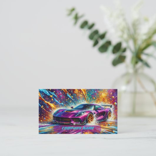 Paarse Sportscar met Kleurrijke Splashes Visitekaartje (Staand voorkant)