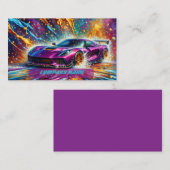 Paarse Sportscar met Kleurrijke Splashes Visitekaartje (Voorkant / Achterkant)