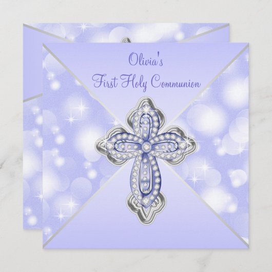 Paarse sprankelende eerste heilige communie kaart (Voorkant / Achterkant)