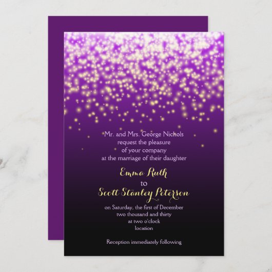 Paarse sprankelende lichten in de hemel bruiloft kaart (Voorkant / Achterkant)