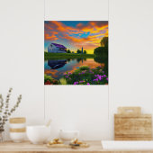 Paarse springplank Pond bij Sunrise Poster (Keuken)
