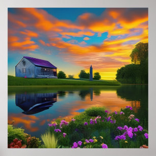 Paarse springplank Pond bij Sunrise Poster