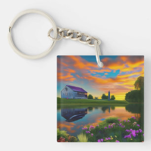 Paarse springplank Pond bij zonsopgang Sleutelhanger