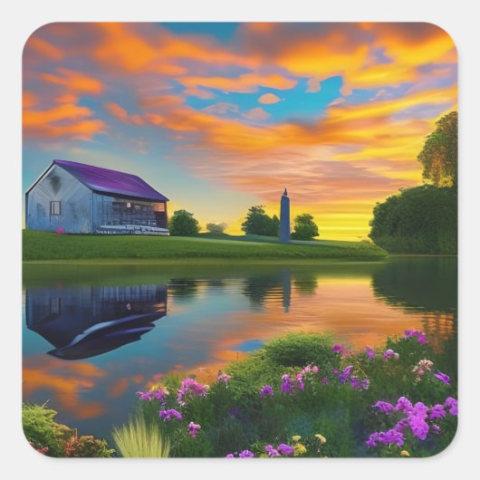 Paarse springplank Pond bij zonsopgang Vierkante Sticker (Voorkant)