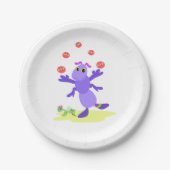 Paarse sprinkhaan jonglerend leuk schepsel papieren bordje (Voorkant)