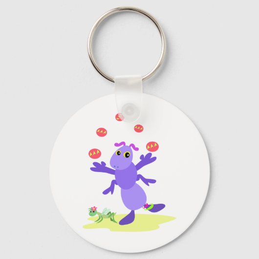 Paarse sprinkhaan jonglerend leuk schepsel sleutelhanger (Achterkant)