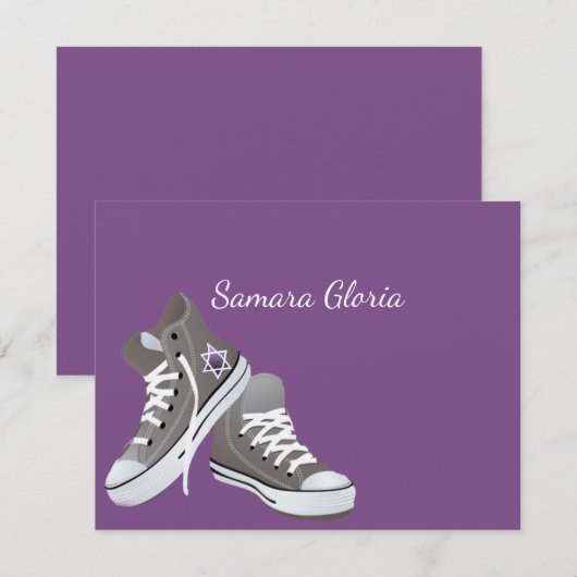 Paarse Star Fade Sneakers Bat Mitzvah Hartelijk da Bedankkaart (Voorkant / Achterkant)