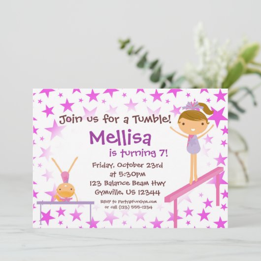 Paarse Star Gymnast Birthday Party Invitation Kaart (Staand voorkant)