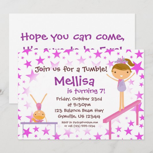 Paarse Star Gymnast Birthday Party Invitation Kaart (Voorkant / Achterkant)