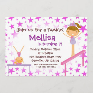 Paarse Star Gymnast Birthday Party Invitation Kaart