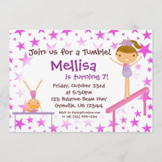 Paarse Star Gymnast Birthday Party Invitation Kaart