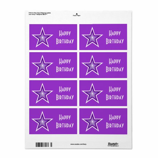 Paarse Star 'Happy Birthday'-label groot paars Etiket (Full Sheet)