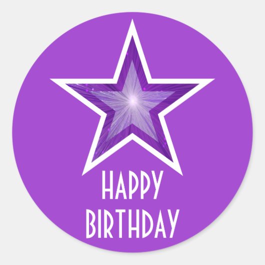 Paarse Star 'Happy Birthday' rond sticker paars (Voorkant)
