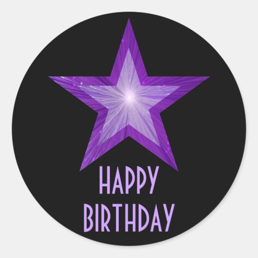 Paarse Star 'Happy Birthday' ronde sticker zwart (Voorkant)