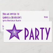 Paarse Star 'PARTY'-uitnodiging, wit lang Kaart (Voorkant / Achterkant)