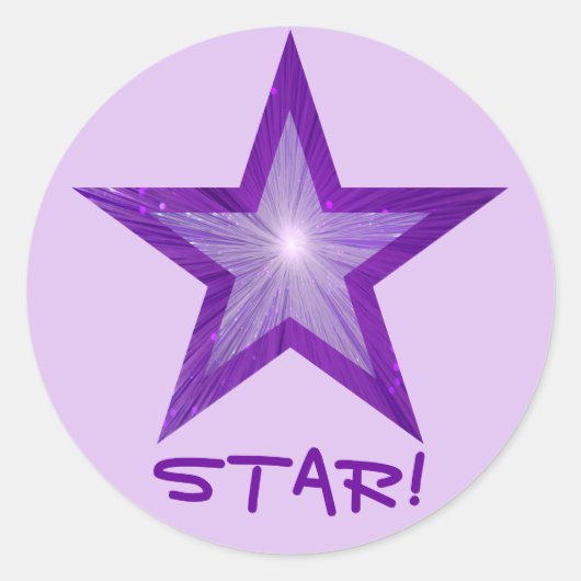 Paarse Star 'STAR!' rond sticker bleek paars (Voorkant)