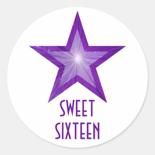 Paarse Star 'Sweet Sixteen' ronde sticker wit (Voorkant)