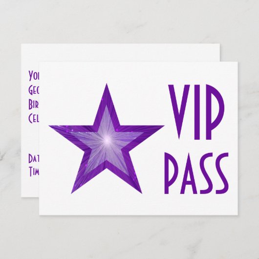Paarse Star 'VIP PASS'-uitnodiging, horizontaal wi Kaart (Voorkant / Achterkant)