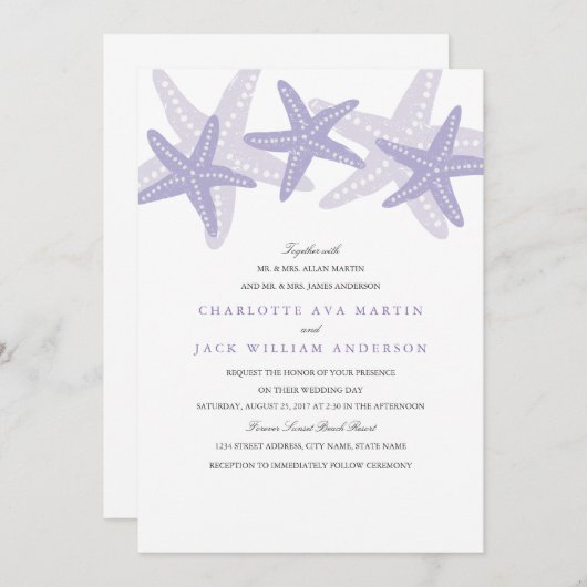 Paarse Starfish Beach huwelijksuitnodiging Kaart (Voorkant / Achterkant)