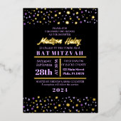Paarse stars Bar bat Mitzvah Invitation Gold Inlay Folie Uitnodiging (Voorkant)