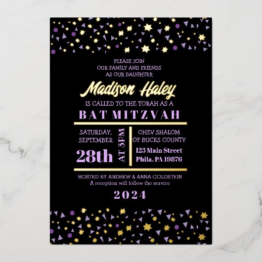 Paarse stars Bar bat Mitzvah Invitation Gold Inlay Folie Uitnodiging (Voorkant)