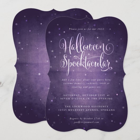 Paarse Stars Halloween Spooktacular Party Kaart (Voorkant / Achterkant)