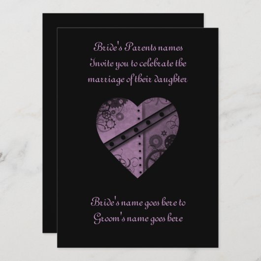 Paarse steampunk hart elegante bruiloft kaart (Voorkant / Achterkant)