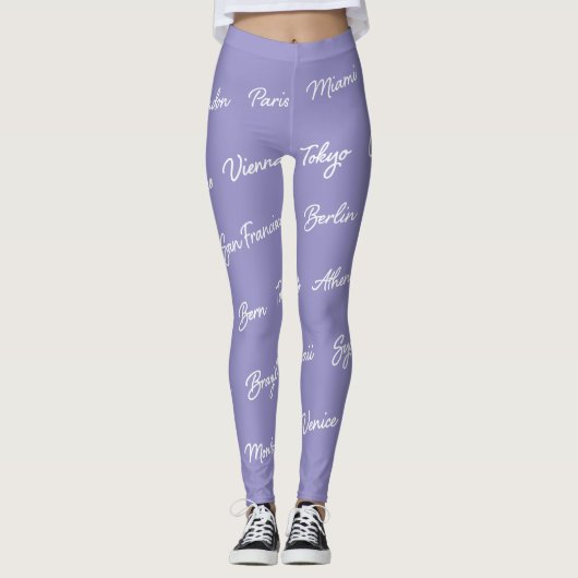 Paarse steden van het wereldpatroon, moderne tekst leggings (Voorkant)