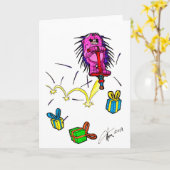 Paarse stekelvarken op een Pogo Stick verjaardagsk Kaart (Gele Bloem)
