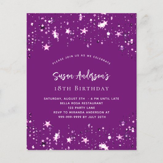 Paarse sterren budget verjaardagsuitnodiging (Voorkant)