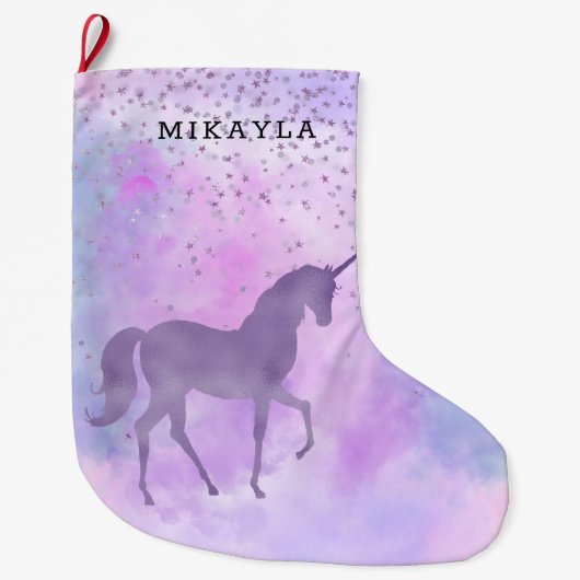 Paarse Sterren Confetti Waterverf Eenhoorn Grote Kerstsok (Voorkant)