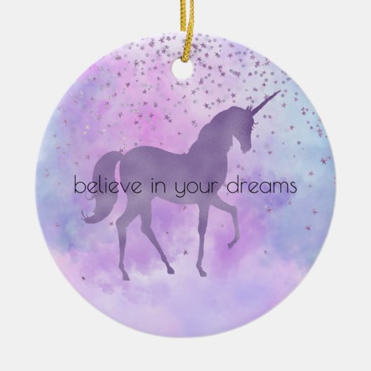 Paarse Sterren Confetti Waterverf Eenhoorn Keramisch Ornament (Voorkant)